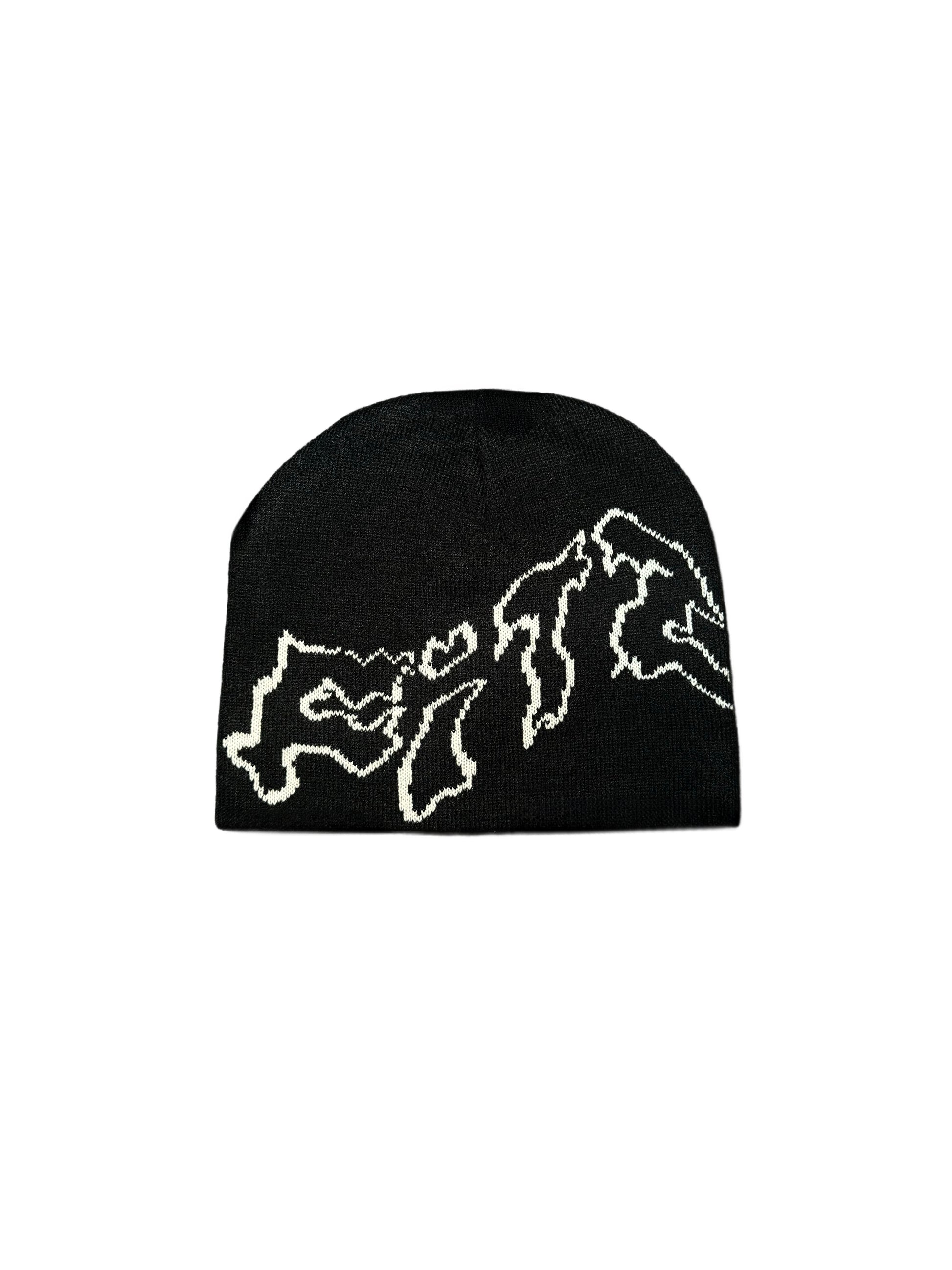 FITZ Black Beanie Hat – Thick Acrylic, Warm Black and White Beanie with FITZ Logo [front]