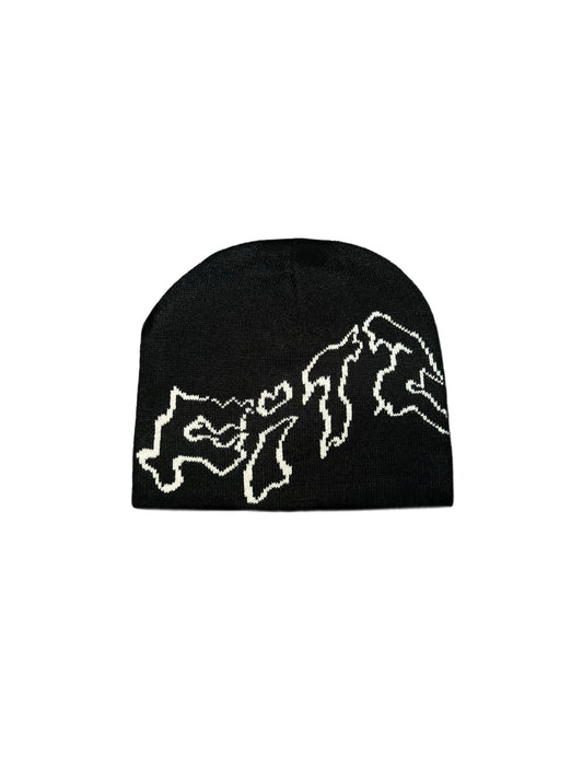 FITZ Black Beanie Hat – Thick Acrylic, Warm Black and White Beanie with FITZ Logo [front]